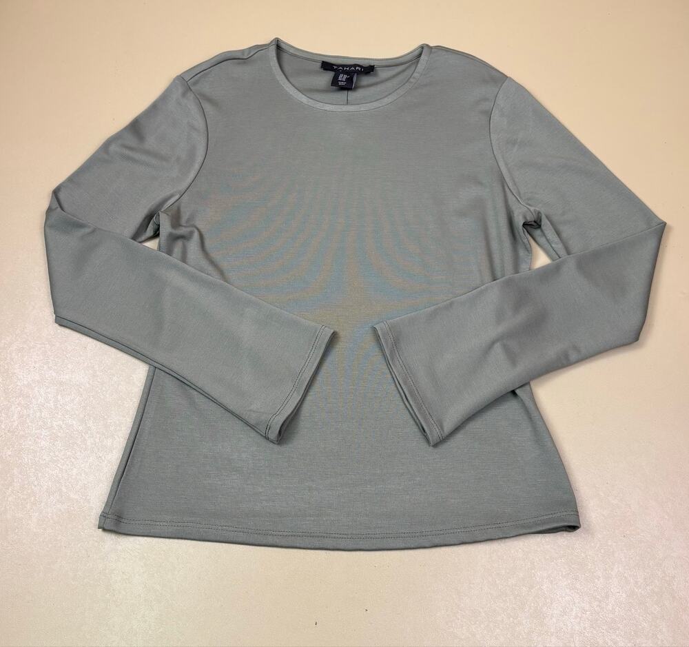 Tahari Women’s XS Gray Green Long Sleeve Top Flare Cuff Crew Neck NWT